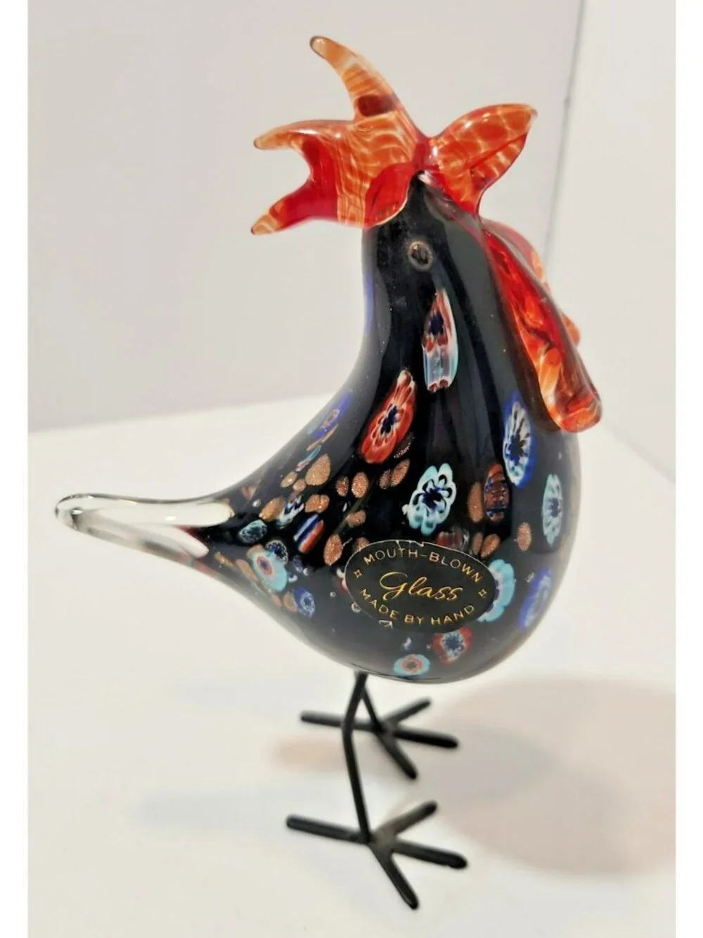 Vintage Murano Style Hand Blown Art Glass Rooster Multicolor Figurine 8.5